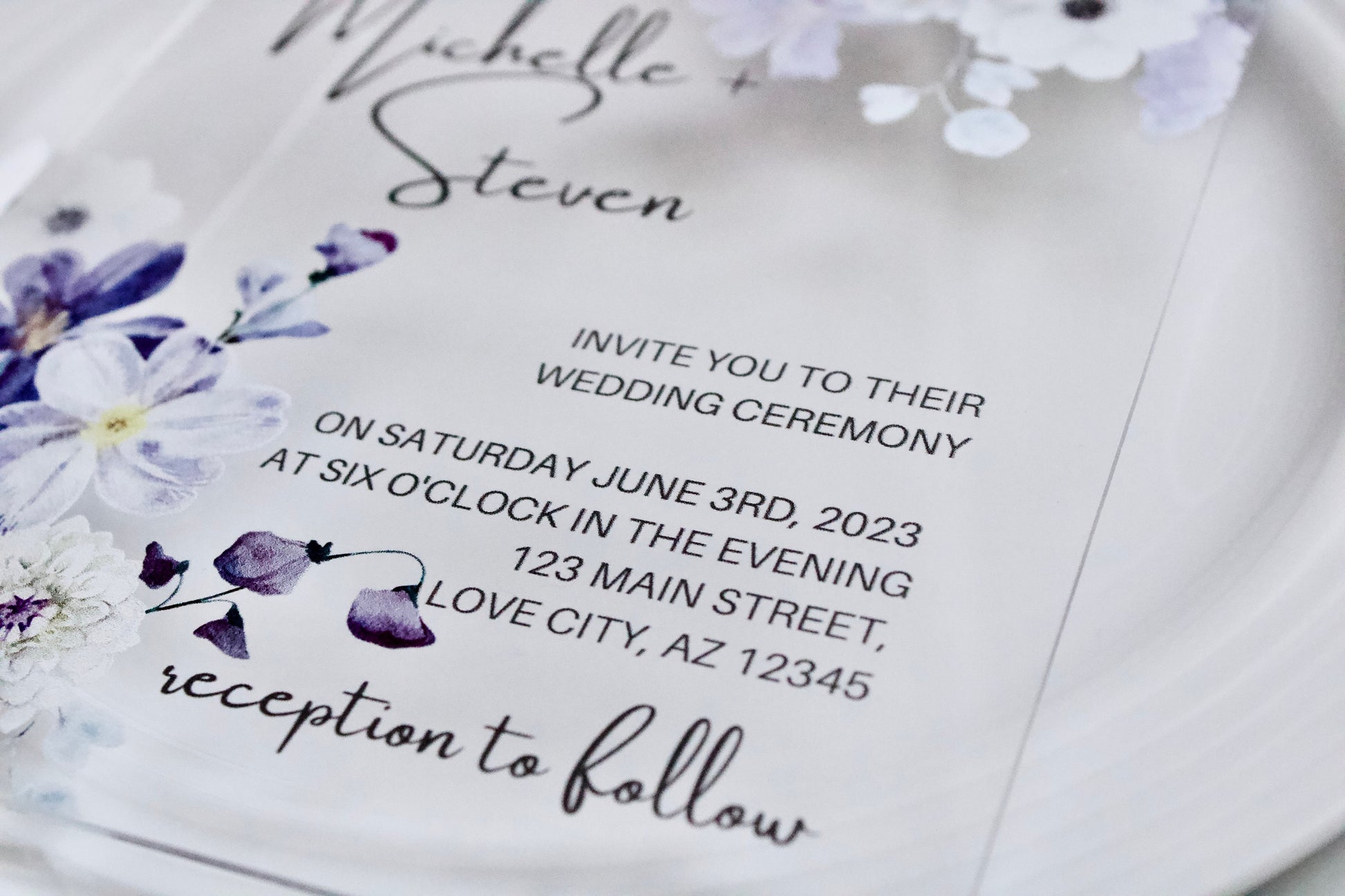 Romantic Lavender and White Floral Acrylic Wedding Invitation UV